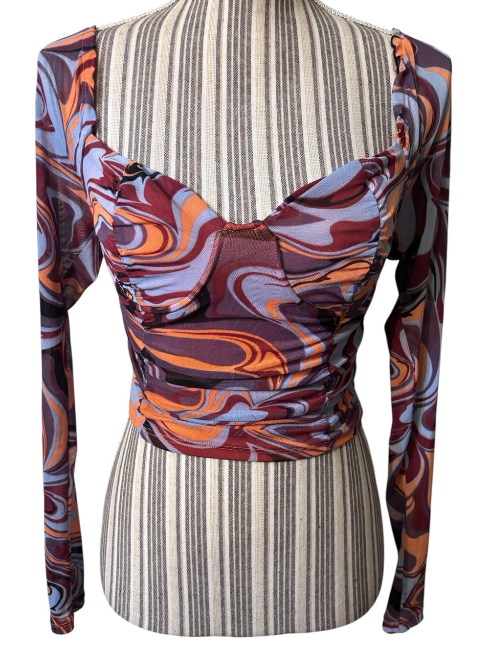 Y2K Crop Top Small Rue21 Long Sleeve Swirl Print Mesh Maroon Orange Lavender